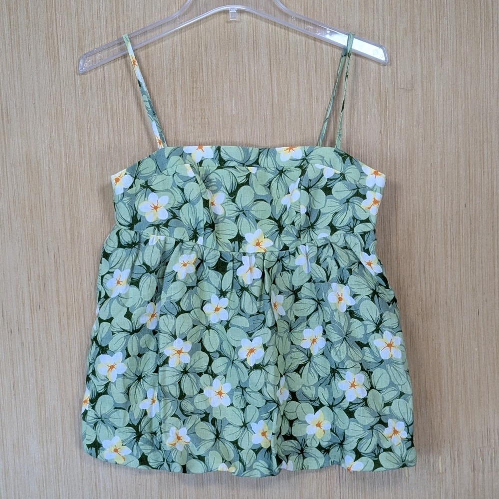 Womens Boho Resort Tropical Green Floral Babydoll‎ Camisole Bubble Hem Top XS
